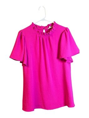 JODIFL Boutique Ruffle Neck Flutter Sleeve Top - Hot Pink